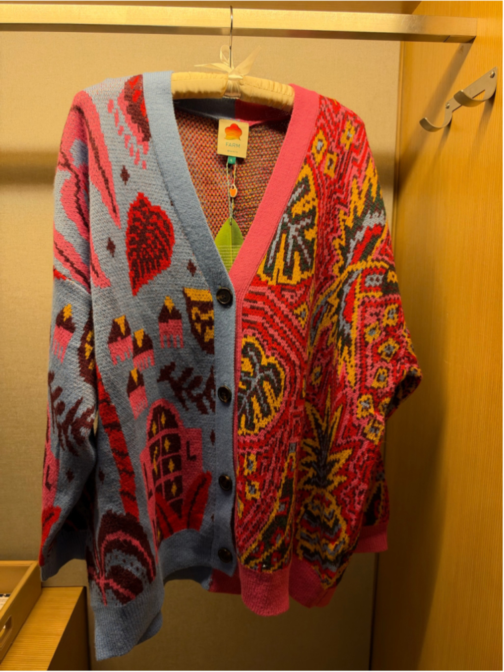 NWT Farm Rio Tropical Print Colorblock Cardigan Blue Pink Tropical Magic Size L - Picture 4 of 8